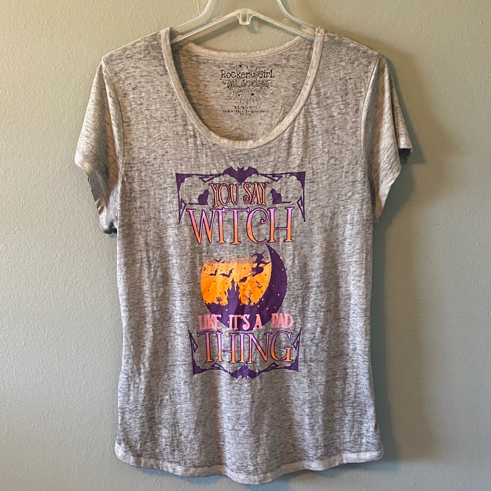 Rocker Girl Gray Short Sleeve Tee with Purple & Orange Halloween Graphic Size XL
